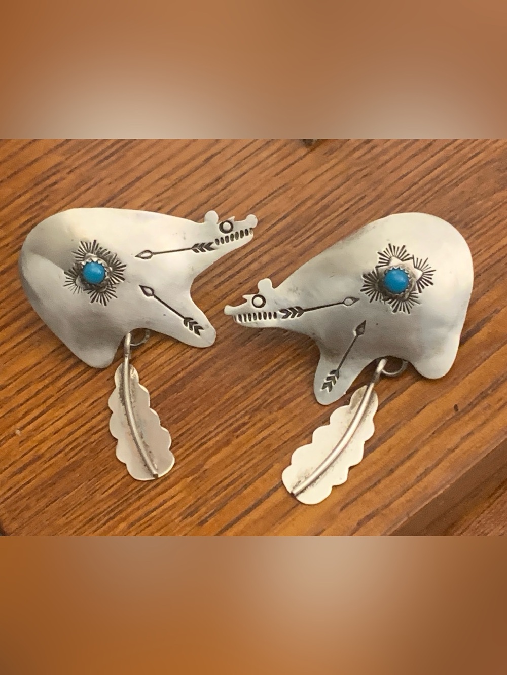 Turquoise Bear Feather Dangle Post Earrings